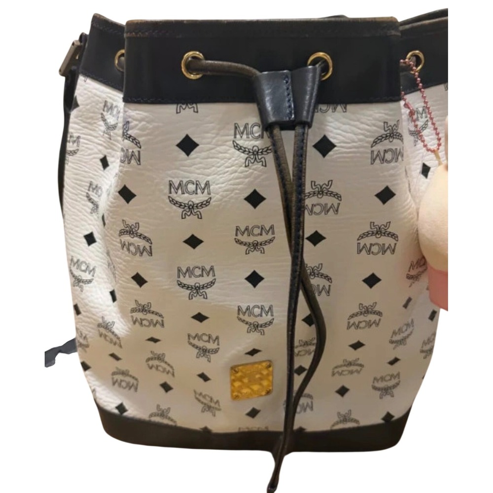 MCM Visetos Monogram White Coated Canvas Leather Drawstring Bucket Bag Vintage